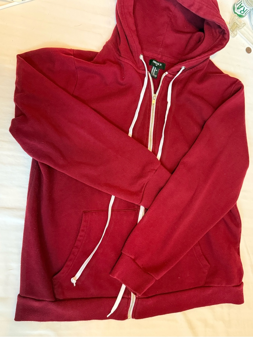 Forever 21 Men's Burgundy Zip Hoodie with White Drawstrings
